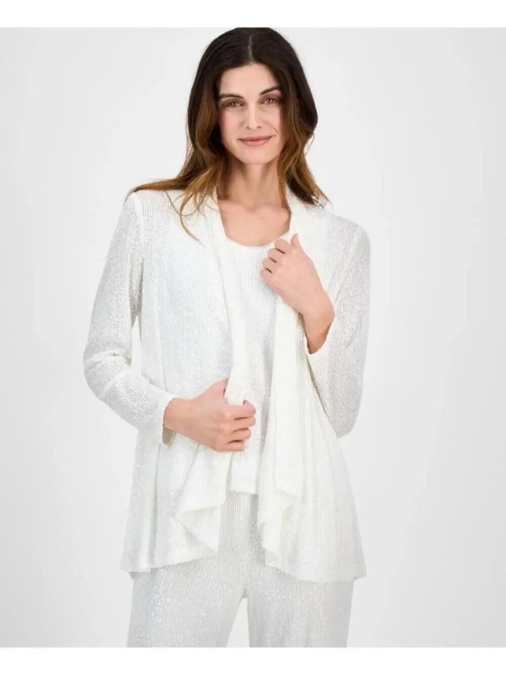 Anne Klein White Sequin Cardigan Sweater Set NWT Tank XS & Waterfall Sweater MD